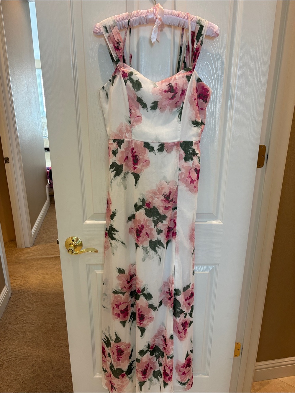 Crystal Doll White Maxi Dress with Pink & Green Floral Print